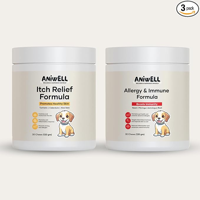 Itch & Allergy Combo for Dogs | Itch Relief Chews + Allergy & Immune Support | Borage Oil, Vitamin E, Krill Oil | Seasonal Allergy Dog Supplement - Pack of 3