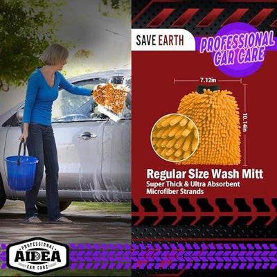 AIDEA Car Wash Mitt Microfiber, 2PK, Car Wash Brush, 7.12''X10.14'' | Scratch Free Lint-Free, Premium Chenille Microfiber Mitt, Cleaning Supplies, Regular Size, Orange