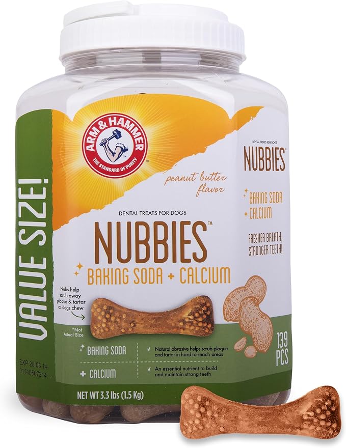 Arm & Hammer for Pets Nubbies Dental Treats Value Size Baking Soda Calcium Helps Scrub Plaque Tartar Peanut Butter Flavor Daily Oral Care 139 Count 52.8 OZ Value Bucket Dogs and Puppies Daily