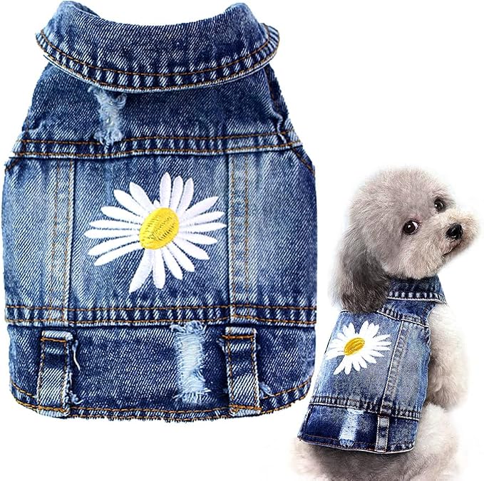 Dog Denim Jacket with Embroidered Daisy, Ripped Vintage Jean Vest for Small Dogs, Puppy, Pugs, Chihuahuas, Spring Summer Fall Festival Outfit, Medium (Fits Chest 13-14")