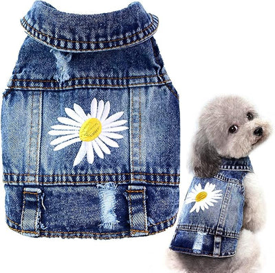 Dog Denim Jacket with Embroidered Daisy, Ripped Vintage Jean Vest for Small Dogs, Pugs, Chihuahuas, Spring Summer Fall Festival Outfit, Large (Fits Chest 15-16")