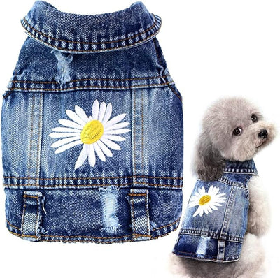 Dog Denim Jacket with Embroidered Daisy, Ripped Vintage Jean Vest for Small Dogs, Puppy, Pugs, Chihuahuas, Spring Summer Fall Festival Outfit, XS (Fits Chest 9-10")