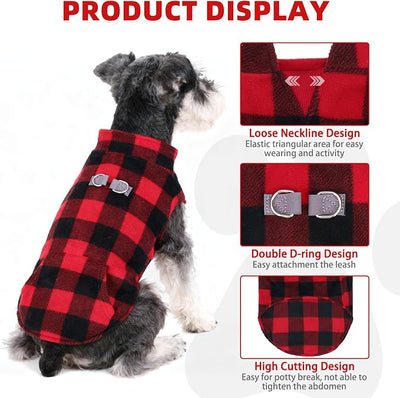 KOOLTAIL Dog Fleece Vest Sweater, Warm Puppy Christmas Jacket with Dual Leash D-Ring and Pocket for Small Medium Dogs, Cozy Soft Pet Winter Cold Weather Coats Fall Clothes Hoodie Boy Girl,Red Plaid S