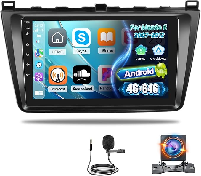 [8Core 4+64G] Car Radio for Mazda 6 2007-2012 with Carplay and Android Auto | NHOPEEW 9 Inch 1280*720 IPS Touchscreen Android Car Stereo, DSP, GPS, SWC, WiFi, Bluetooth, Mirror Link + AHD Backup Camera