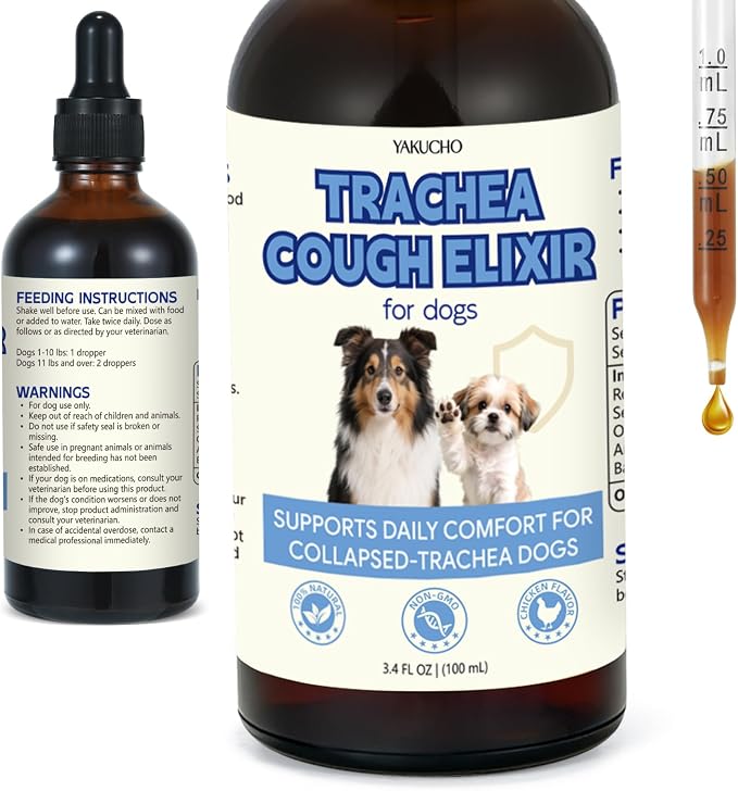 3.4 FL OZ Dog Tracheal Collapse Support Drops, Trachea Cough Elixir, Herbal Respiratory Support for Dogs, Helps Ease Throat & Airway Irritation and Maintain Healthy Tracheal Function (Chicken Flavor)