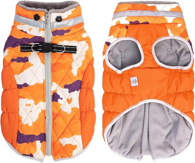 CuteBone Orange Dog Waterproof Winter Coat with Harness, Reflective Warm Dog Jacket with Zipper for Cold Weather, Dog Snowsuit for Medium Large Dogs YRFN02XL