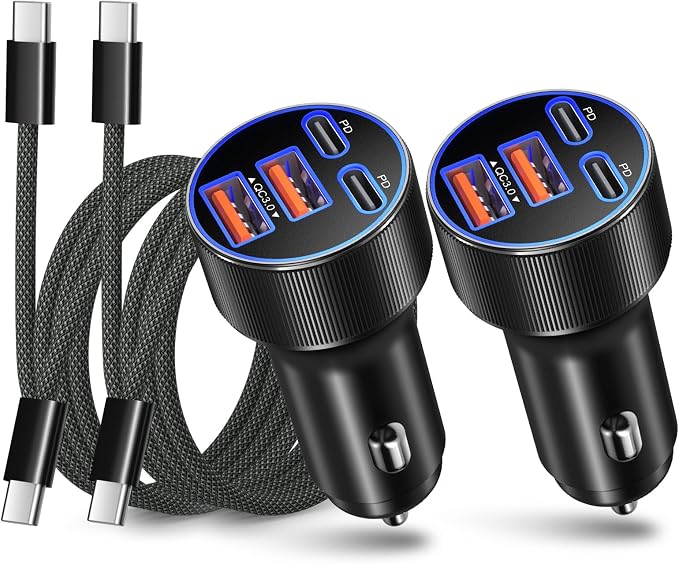 Super Fast Type C Car Charger, [2Pack] Besgoods Dual 45W USB C 4-Port Cigarette Lighter Adapter for Galaxy S26 S25 Ultra FE S24 S22 iPhone 17 16 15 Pro Max, with 6ft Braided USB C to C Cable