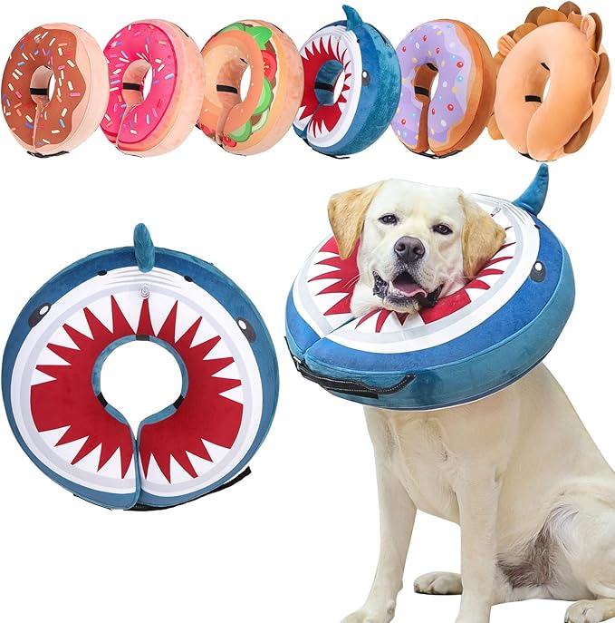 BEAUTYZOO Dog Cone Alternative After Surgery for Large Medium Small Dogs, Soft Inflatable Cone Collar for Dogs Cats, Dog Neck Donut E Collar Dogs Recovery Collar to Stop Licking, Shark Blue, M