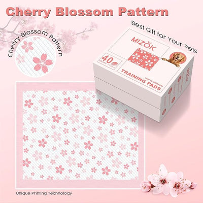 MIZOK Puppy Pads 22x22in Pee Pads for Dogs with Cherry Blossom Pattern 6 Layer Super Absorbent for Up to 4 Cups Dog Pee Pads Leak-Proof Dog Pads for Small Dogs, Puppies, Doggie (28x34in | 40Ct-Pink)
