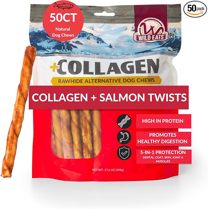 Wild Eats Salmon Flavor Collagen Twist Style Long Lasting Dog Chews (50 Pack, 1 cm Wide) No Hide, Dog Treat Bully Stick Alternative, Rawhide Free, Grain Free, High Protein