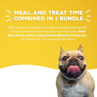 Brutus Bone Broth for Dogs Bundle Pack - Chicken Biscuits Dog Treats, Pack of 2 (8oz) and Beef Bone Broth Food Toppers, Pack of 2 (32oz) - All Natural, Tasty & Nutritious