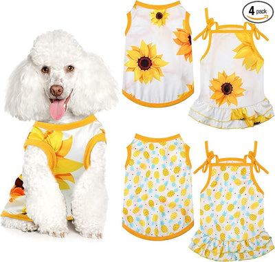 Frienda 4 Pieces Dog Clothes Set Include 2 Pcs Cute Pet Dress Lovely Dog Dress and 2 Pcs Breathable Pet T Shirt Puppy Clothes(Pineapple, Sunflower,Small)