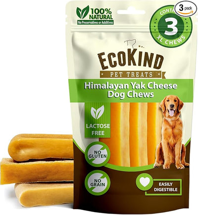 EcoKind Yak Cheese Himalayan Dog Chews, Yak Chews for Large Dogs, Long Lasting Bone for Aggressive Chewers, Only 3 Ingredients, Natural High Protein Dog Treat, No Additives, Lactose Free, XL - 3 Chews