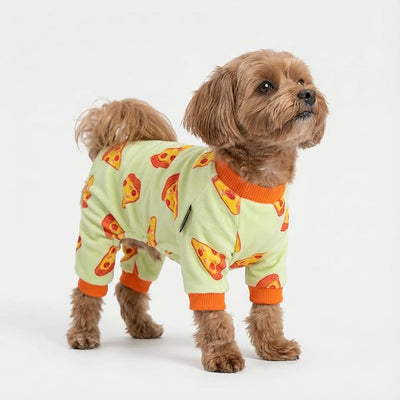 Fitwarm Pizza Dog Fleece Pajamas, Funny Cozy Clothes for Small Dogs Boy Girl, Soft Pet Onesie, Light Green, Orange, XXL