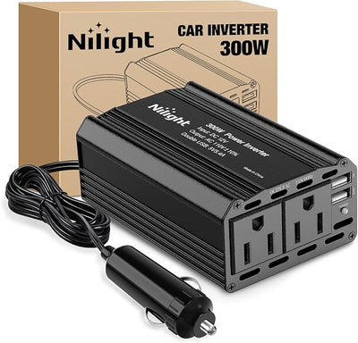 Nilight 300W Power Inverter 12V DC to 110V AC Car Charger Converter with 5.4A Dual USB Ports and 2 AC Outlets for Phones Tablets Laptop Computer Game Console Kindle iPad DVD Players Black