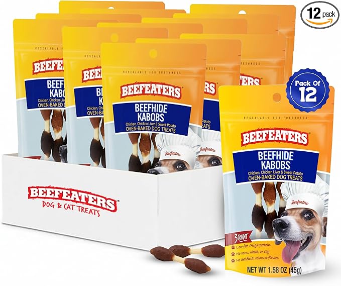Beefeaters Triple Flavor Beefhide Kabobs 1.58oz (12 Pack) Dog Treats with Real Chicken, Liver & Sweet Potato – Long-Lasting Dog Kabob Treats for Chewing, Dental Support*, Flavor-Packed Treats