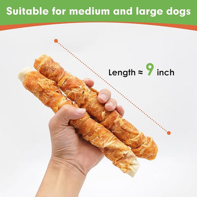 MON2SUN Dog Treats, 9 Inch Chicken Wrapped Rawhide Rolls Snacks, Teeth Cleaning and Long Lasting Chews for Medium and Large Dogs, 23.28oz (6 Count-Pack of 2)