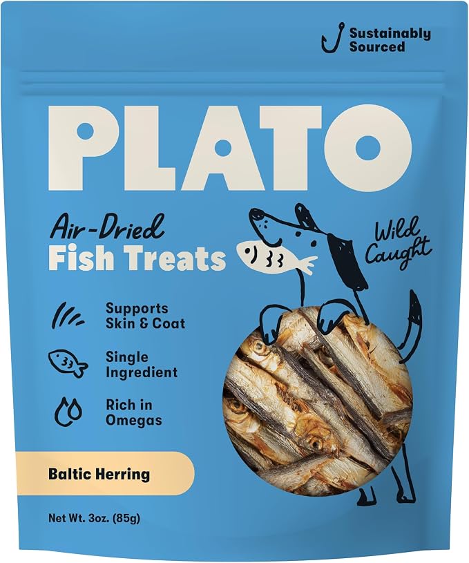 Plato Single Ingredient Wild-Caught Baltic Herring Dog Treats, Air-Dried Whole Fish, Omega-Rich Skin & Coat Support, 3 oz