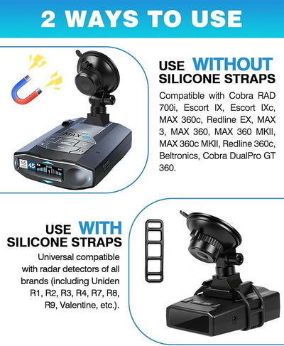 Xislet Magnetic Radar Detector Mount, EZ Quick Release Suction Cup Holder for Escort MAX 360c Redline 360c MAX 3 IX Cobra RAD 700i, 360° Swivel, Heat-Resistant, Universal Straps Included