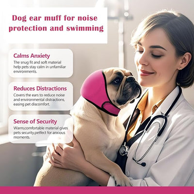 Dog Ear Cover for Bath and Swimming, Dog Ear Muff for Noise Protection, Waterproof Dogs Ear Wrap Shower Swim Cap, Breathable & Adjustable Quiet Ear for Dogs Anxiety Relief Calming Hood (Rose red, M)