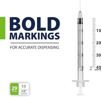 Easy Touch Pet U-40 Insulin Syringes for Dogs & Cats – 29G 1.0cc 1/2", Half-Unit Markings, Compatible with U-40 Insulin, Box of 100 (For Animal Use Only)