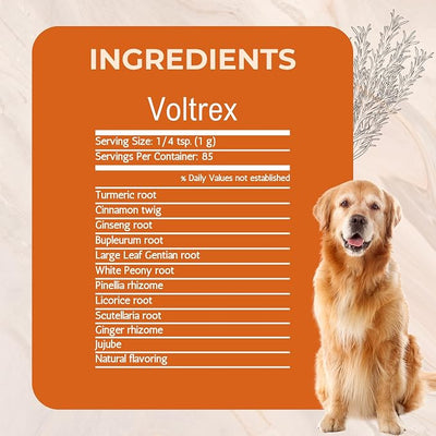 Voltrex Ligament and Spinal Cord Inflammation Relief for Dogs by Gold Standard Herbs, All Natural Bupleurum and Cinnamon Twig, 85 gram powder, White