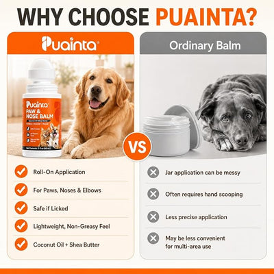 PUAINTA Dog Paw & Nose Balm, Roll-On | Lick-Safe All-Natural Moisturizer for Dry Cracked Paws & Snout | Paw Nose Elbow 3-in-1 | Hot Pavement & Winter Protection for Dogs (2oz)