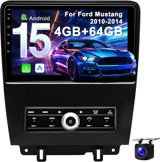 10.1" Car Radio for Ford Mustang 2010-2014: [4G+64G] Upgrade Android 15 Stereo Wireless CarPlay Android Auto, BT 5.4, WiFi 6, GPS, FM, RDS, EQ, SWC, 1080P Backup Camera (Only fit Manual AC)