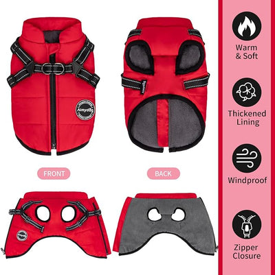 Warm Dog Winter Coat, Fashion Cold Weather Jacket with Built-in Harness, Reflective & Adjustable Comfortable Pet Vest, Windproof Apparel for Small Medium Large Dogs(Red