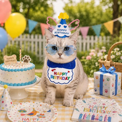 Pet Birthday Outfit for Boy Dog & Cat, 34PCS Puppy Birthday Party Costume with Blue Birthday Hat, Heart Sunglasses & Bandana Bib, Cute Birthday Supplies for Dog Boy Party