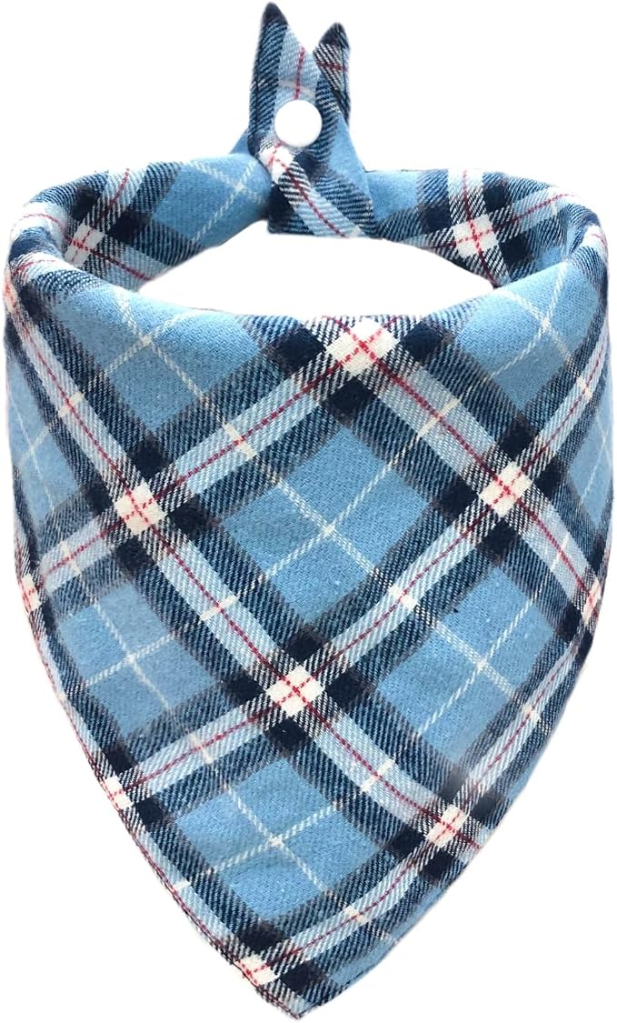 Classic Plaid Dog Bandana - Adjustable Triangular Scarf, Soft Cotton, Pet Fashion for Daily Walks & Parties,Blue and White Large