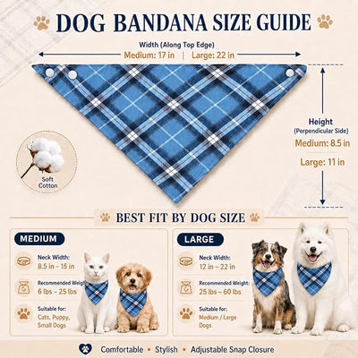 Classic Plaid Dog Bandana - Adjustable Triangular Scarf, Soft Cotton, Pet Fashion for Daily Walks & Parties,Blue and White Large