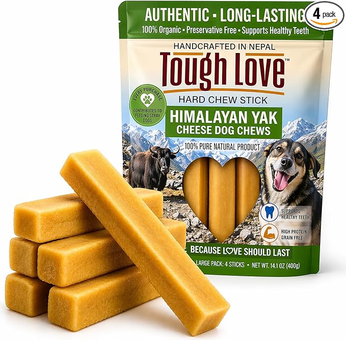 Tough Love Himalayan Yak Cheese Dog Chews -100% Natural, Long-Lasting, Odor-Free – Protein Rich & No Preservatives – Zero Waste Sticks for Health-Conscious Dog Parents (Large (4 Sticks))