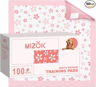 MIZOK 36x36in Puppy Pads Pink, Dog Pee Pads Leak-Proof with Quick-Dry Surface, Dog Pads Extra Large with Cherry Blossom Prints, Pee Pads for Dogs Super Absorbent (100 Count)