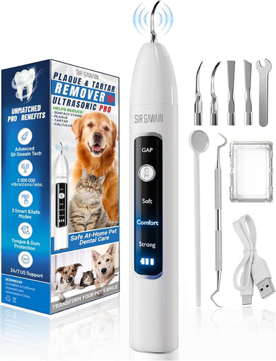 SIRGAWAIN Pet Ultrasonic Dental Cleaner — Plaque, Tartar & Stains Remover, 4 Tips, 3 Modes, LED, Contact-Activated & Smart Touch Protection, Complete Cleaning Kit for Dogs & Cats