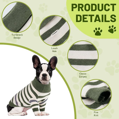 Small Dog Sweater, Knitted Striped Pullover Dog Clothes, Indoor Cozy Stretchy Pajamas for Chihuahua, Bulldog, Dachshund, Pug(Green&White Strip, M)