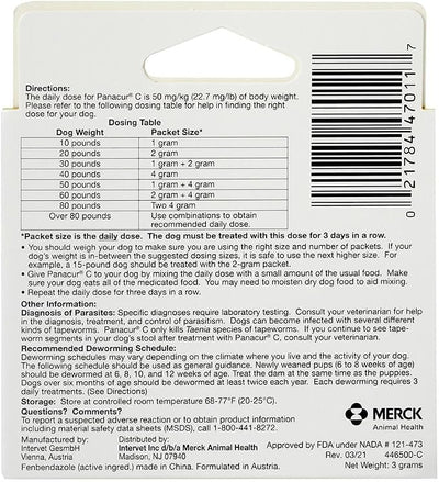 Panacur C Canine Dewormer Treatment Three 1-Gram Packets, Each Packet Treats 10 lbs
