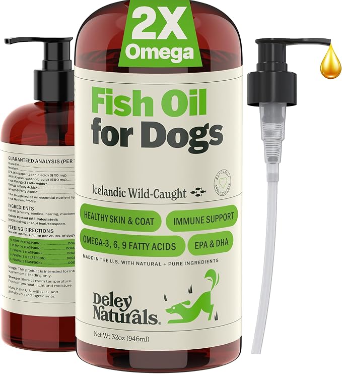 Deley Naturals Fish Oil for Dogs - Itch Relief for Dogs with Omega 3 6 9 for Skin, Joints, Heart and Brain Health - Icelandic Omega 3 Fish Oil for Dogs Skin Irritation - 32oz Omega Oil Made in USA