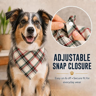 Plaid Dog Bandana with Button, Red Green White Plaid Kerchief Triangle Dog Bandana Girls and Boys Kerchief Adjustable Accessories for Medium Large Dog Puppy Pet Cat,Large