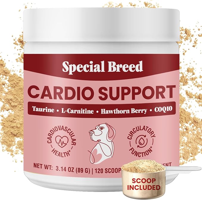 Taurine Supplement for Dogs – Heart Health & Circulation Support – Powder Formula with L-Carnitine, CoQ10 & Organic Hawthorn Berry – 120ct