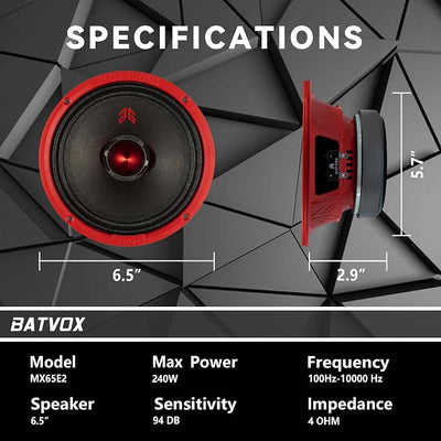 MX65E2 Loudspeaker 6.5 Inch Midrange 480 Watts 4 Ohms Red Bullet, Premium Quality Audio Door Speakers for Car or Truck Stereo Sound System, Red (2 Speakers)