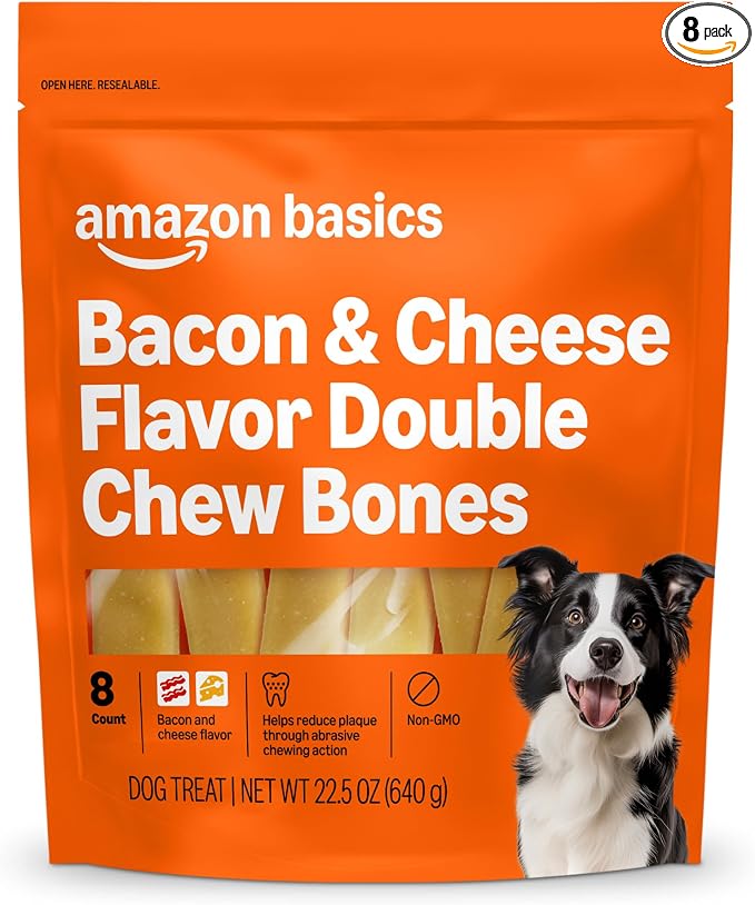 Amazon Basics Double Chew Bone Dog Treats, Bacon and Cheese - 8 Count, 1 Pack