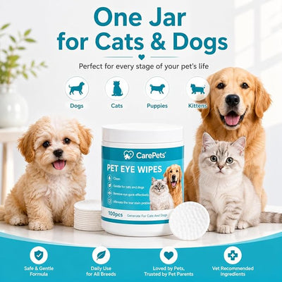 Eye Wipes, 100 Count Pet Tear Stain Cleaning Pads for Dogs and Cats, Gentle Textured Eye Area Wipes with Aloe Vera and Chamomile, Fragrance Free (1) | Gentle Textured Eye Wipes