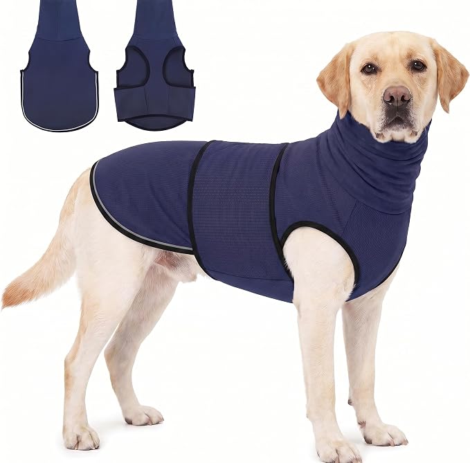 KOESON Reflective Dog Thunder Jacket Anxiety Calming Vest, Adjustable Dog Calming Hoodie with Ear Wrap, Breathable Dog Anti-Anxiety Vest for Thunder, Fireworks, Travel, Separation, Navy Blue L
