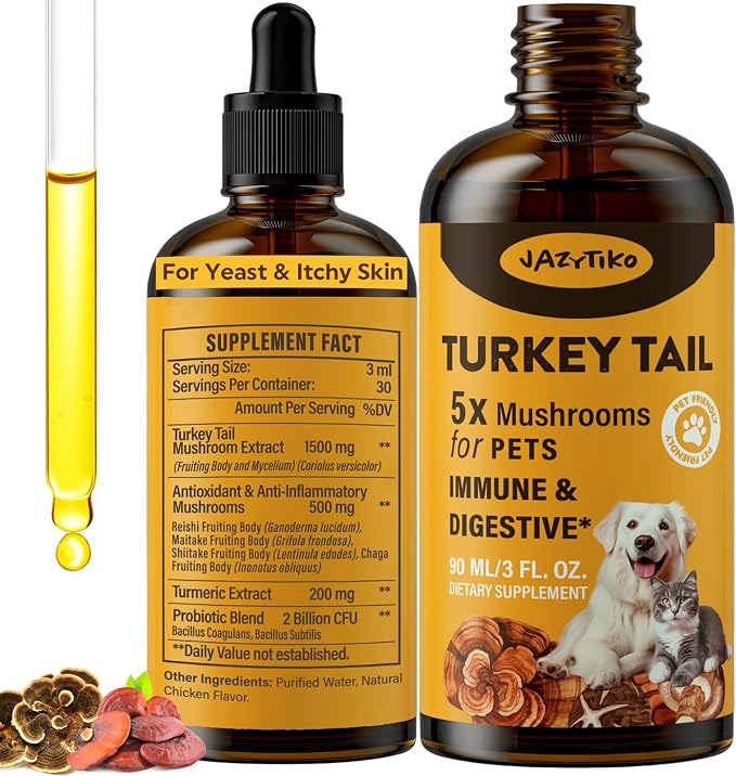 Turkey Tail Mushroom for Dogs - for Yeast & Itchy Skin, Turkey Tail Mushroom for Immune & Digestive, Joint, Energy, 5X Mushrooms for Pet Drop with Turmeric & Probiotic - Vet Formulated, 90 ML