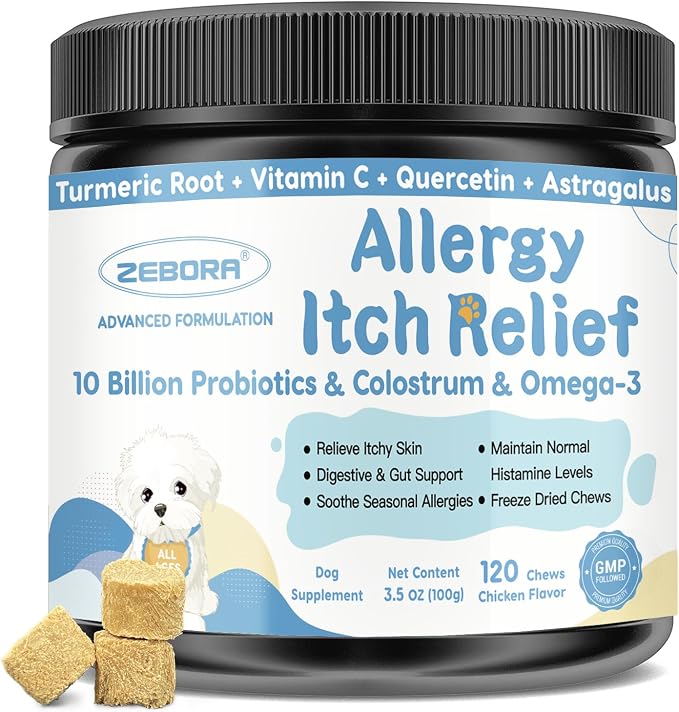 ZEBORA Dog Allergy Chews, Support Seasonal Allergies & Itch Relief, Probiotics + Omega-3 + Colostrum - for Gut & Immune Health, 120 Freeze Dried Chews