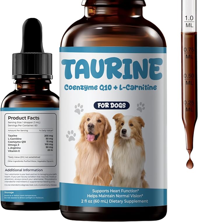 Taurine Supplement for Dogs Liquid Drops, Dog Taurine with Coenzyme Q10 & L-Carnitine, Supports Heart Function, Energy & Daily Vitality, 2 fl oz