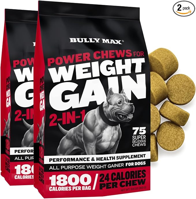 Bully Max Weight Gainer Dog Chews for Puppies and Adult Dogs - High Calorie Dog Food Treats Performance Supplement for Healthy Weight Gain, Immunity & Digestion - 75 Soft Chews for All Breeds, 2 Packs