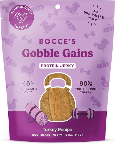 Bocce's Bakery Gobble Gains Turkey Jerky Protein Cuts Dog Treats – Natural & High-Protein, Wheat-Free, Made with Limited and Real Ingredients – Baked in The USA with No Added Salt or Sugar, 5oz