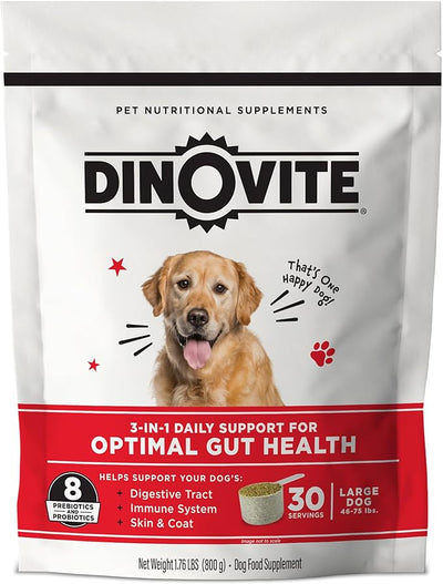 Dinovite Probiotics for Dogs, Probiotic Powder Food Topper for Large Dogs (45+ lb), Daily Digestive Health & Skin Support with Omega-3s, 30 Servings